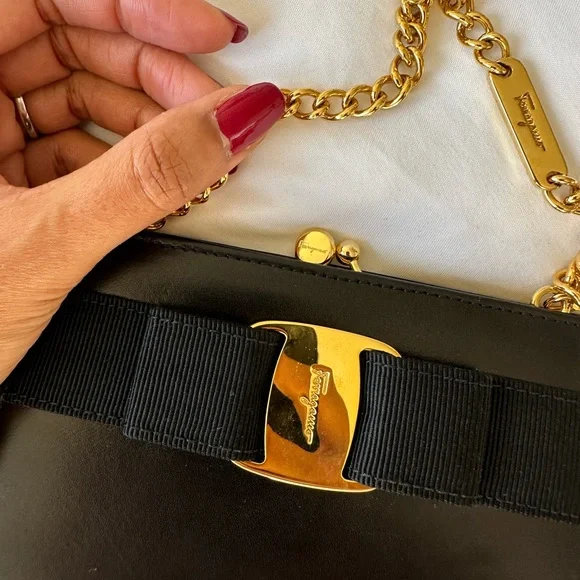 *SOLD*Authentic Salvatore Ferragamo Leather Black Bow Bag w/ Gold Chain - Picture 4 of 17